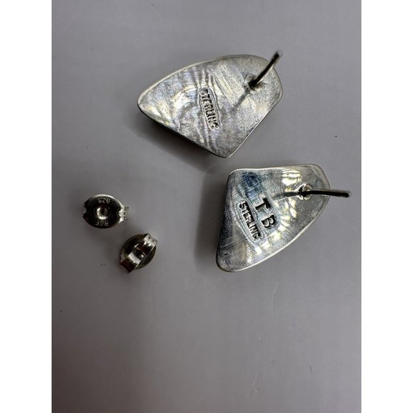 Zuni Handmade Sterling Silver 925 Signed TB Opal Inlay Post Earrings - Picture 3 of 6